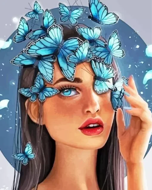 Blue Butterflies Girl Diamond Painting