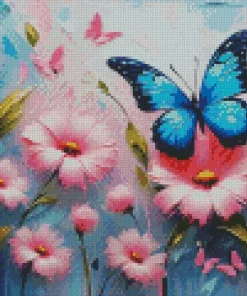 Blue Butterfly And Flowers Diamond Painting