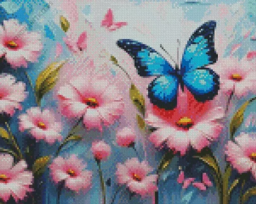 Blue Butterfly And Flowers Diamond Painting