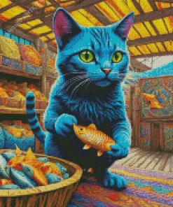 Blue Cat And Goldfish Diamond Painting