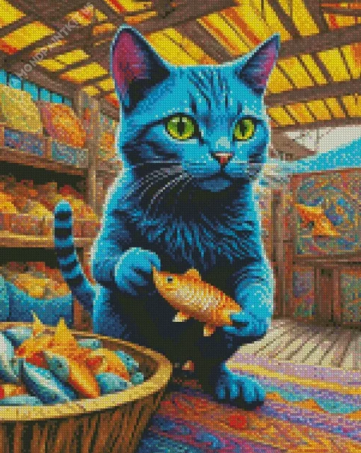 Blue Cat And Goldfish Diamond Painting