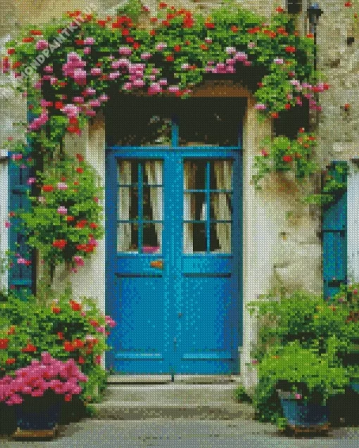 Blue Door Flowers Diamond Painting