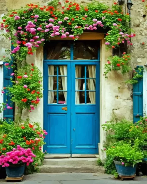 Blue Door Flowers Diamond Painting