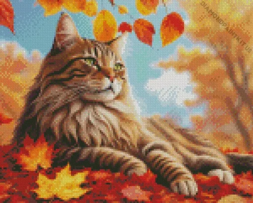 Cat And Fallen Leaves Diamond Painting