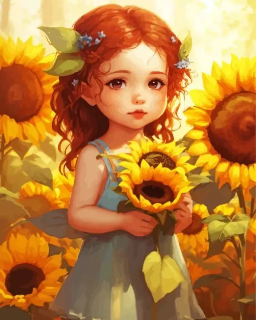 Cute Little Sunflowers Girl Diamond Painting