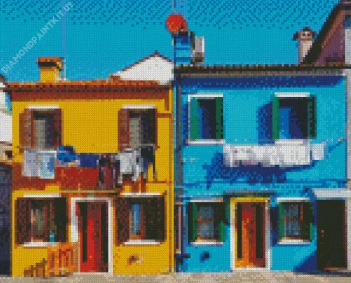 Yellow And Blue House Burano Diamond Painting