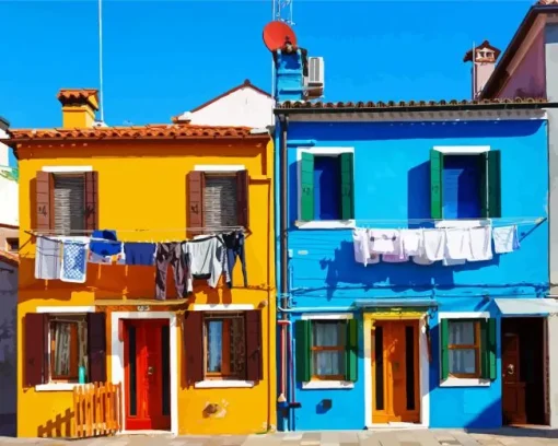 Yellow And Blue House Burano Diamond Painting