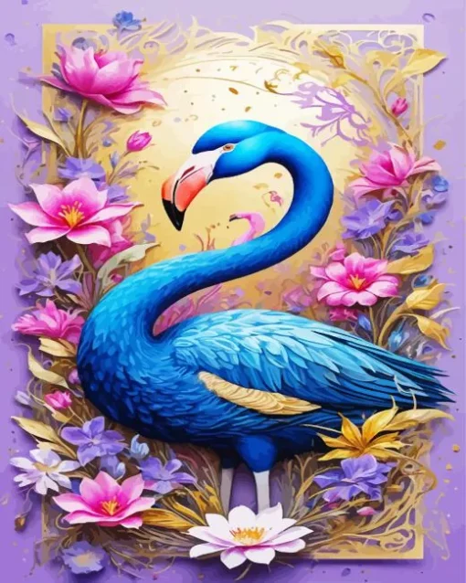 Blue Flamingo And Flowers Diamond Painting