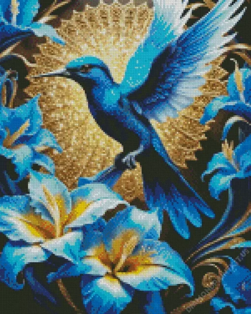 Blue Hummingbird On Flowers Diamond Painting