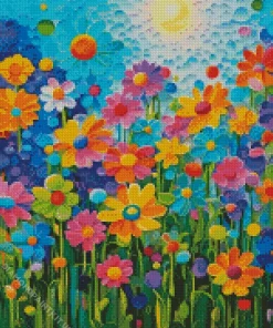 Blue Pink And Yellow Flowers Diamond Painting