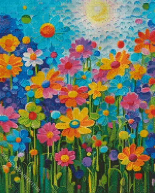 Blue Pink And Yellow Flowers Diamond Painting