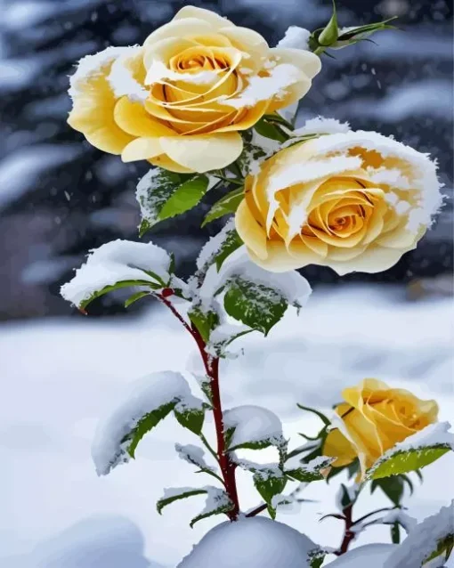 Yellow Roses In Snow Diamond Painting