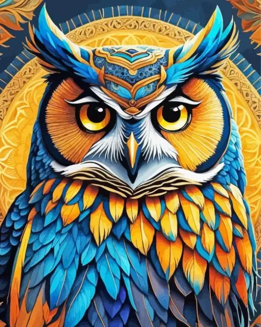 Blue Gold Bohemian Owl Diamond Painting