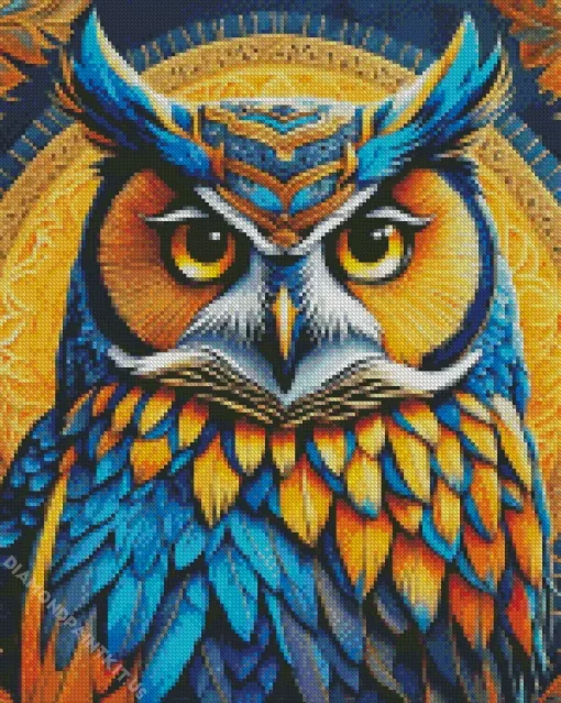 Blue Gold Bohemian Owl Diamond Painting