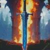 Flames Blue Sword Diamond Painting