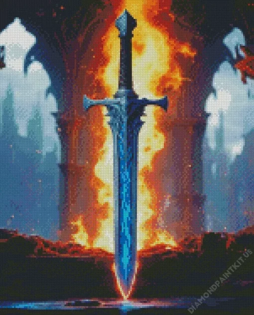 Flames Blue Sword Diamond Painting