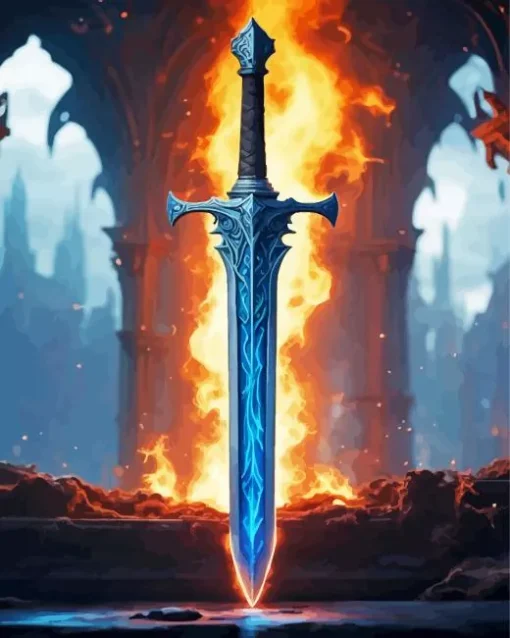 Flames Blue Sword Diamond Painting