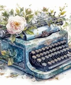 Floral Blue Typewriter Diamond Painting