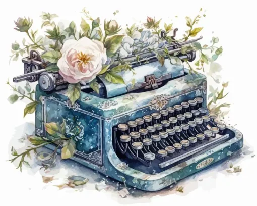 Floral Blue Typewriter Diamond Painting