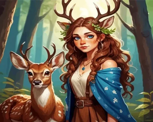 Deer And Girl Diamond Painting