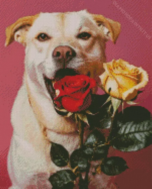 Dog Holding Roses Diamond Painting