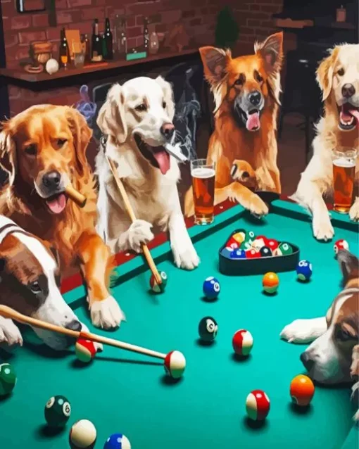 Dogs Around Pool Table Diamond Painting