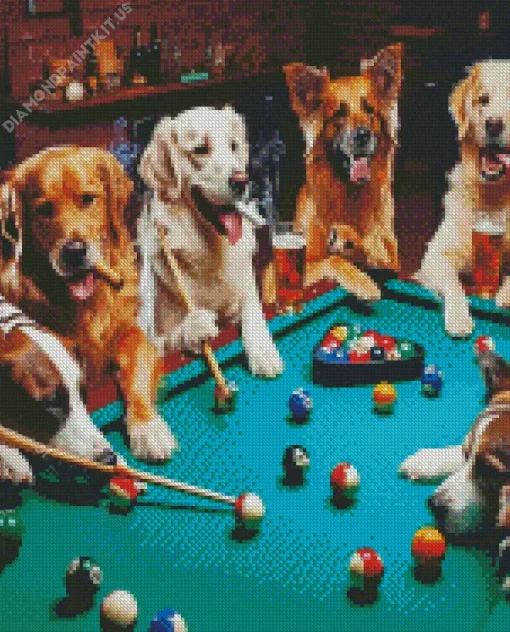 Dogs Around Pool Table Diamond Painting